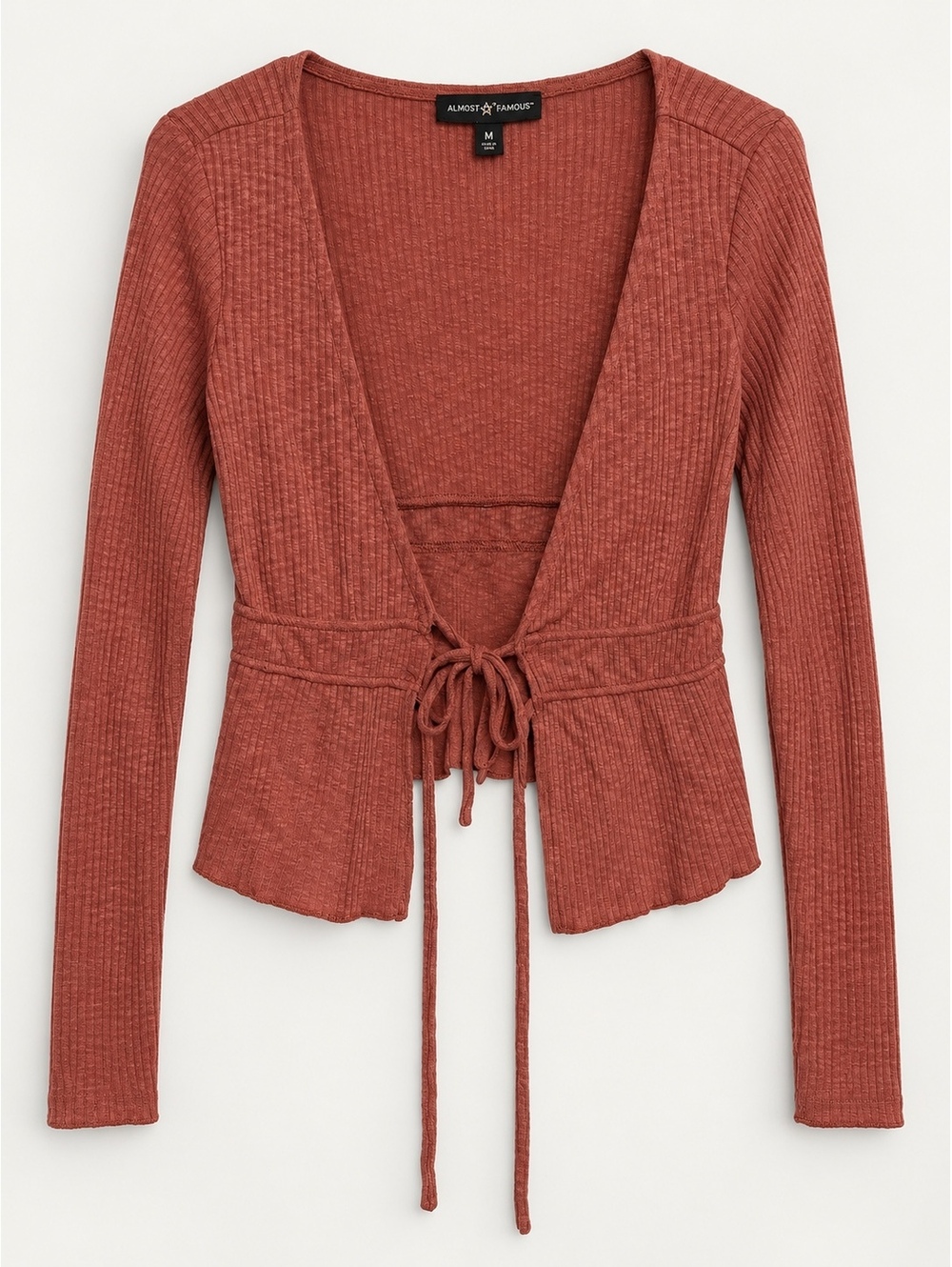 Almost Famous Rust Tie Front Long Sleeve Knit Top